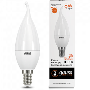 Лампа LED свеча на ветру 8W 3000K E14 1/10/50  Gauss-Elementary 34118