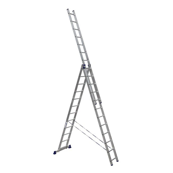 Лестница алюминиевая 3-х секц 12 ступеней, длина: 1с-3,38м, 2с-5,6м, Общ-7.86м, вес-18кг (арт 5312)