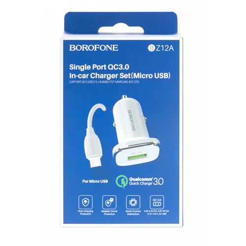АЗУ 1 USB выход 18W Quick Charge (6V-3.0A/9V-2.0A/12V-1.5A) BOROFONE BZ12A (белый)
