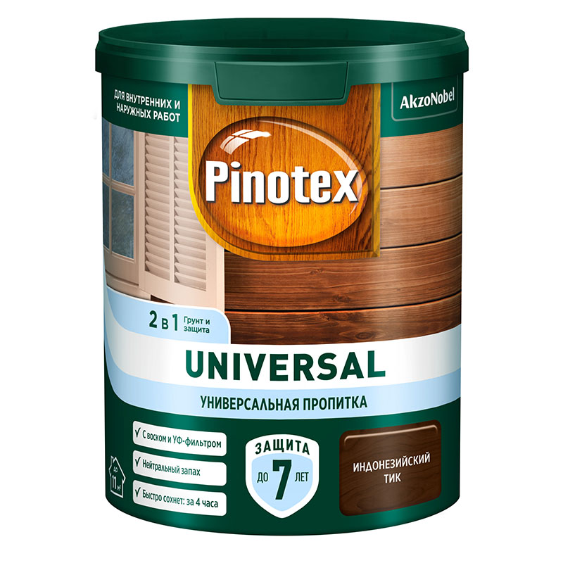 Пропитка защитная для дерева Pinotex Universal 2 в 1 индонезийский тик 0,9 л