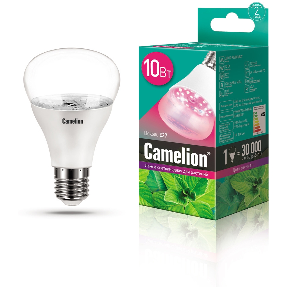 Camelion лампа св/д для рассады и растений E27 10W(120°) 18мкм/с прозрач107x60 ФИТО LED10-PL/BIO/E27
