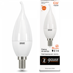Лампа LED свеча на ветру 6W 3000K E14 1/10/50  Gauss-Elementary