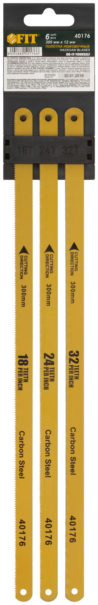 Полотна ножовочные по металлу односторонние 300мм, 6шт. на подвесе (18ТPI+24ТPI+32ТPI) FIT 40176