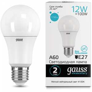 Лампа светодиодная LED Elementary A60 12Вт E27 4100К 1/10/40 Gauss 23222