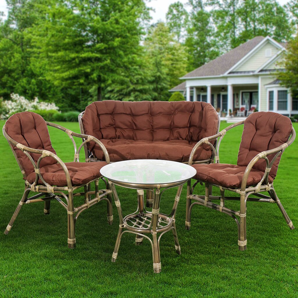 Мебель садовая Мальдивы, коричневая, стол, 2 кресла, 1 диван, подушка коричневая, AI-1808001