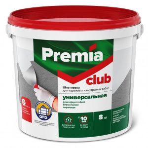 Шпатлевка PREMIA CLUB универсальная для наружных и внутренних работ, ведро 8 кг