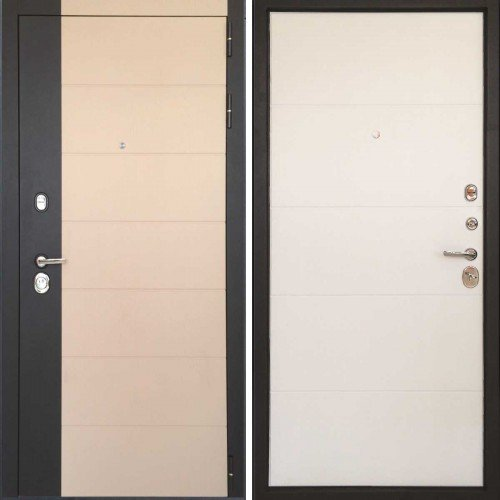 Дверь металлическая ДК Нова Я 860х2050 "Пр" Чёрн кварц + Ясень латте / Ясень белый с фурн. и цил.