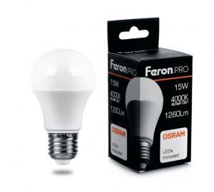 Лампа светодиодная, (15W) 230V E27 4000K A60, LB-1015 OSRAM LED FERON 38036